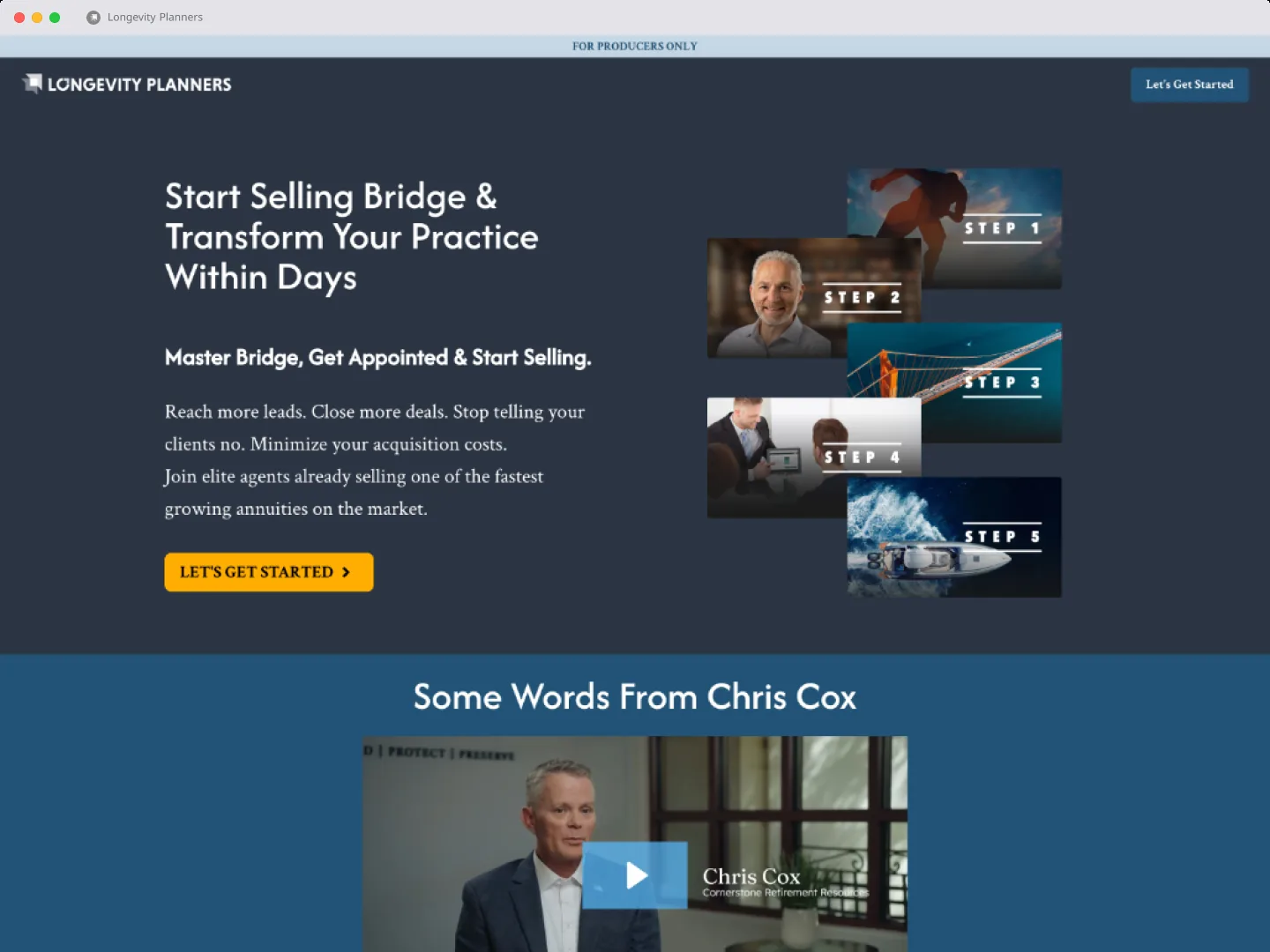 The hub's public page: an invitation to start selling the policy, with a video testimonial, the five steps previewed, and industry testimonials further down.