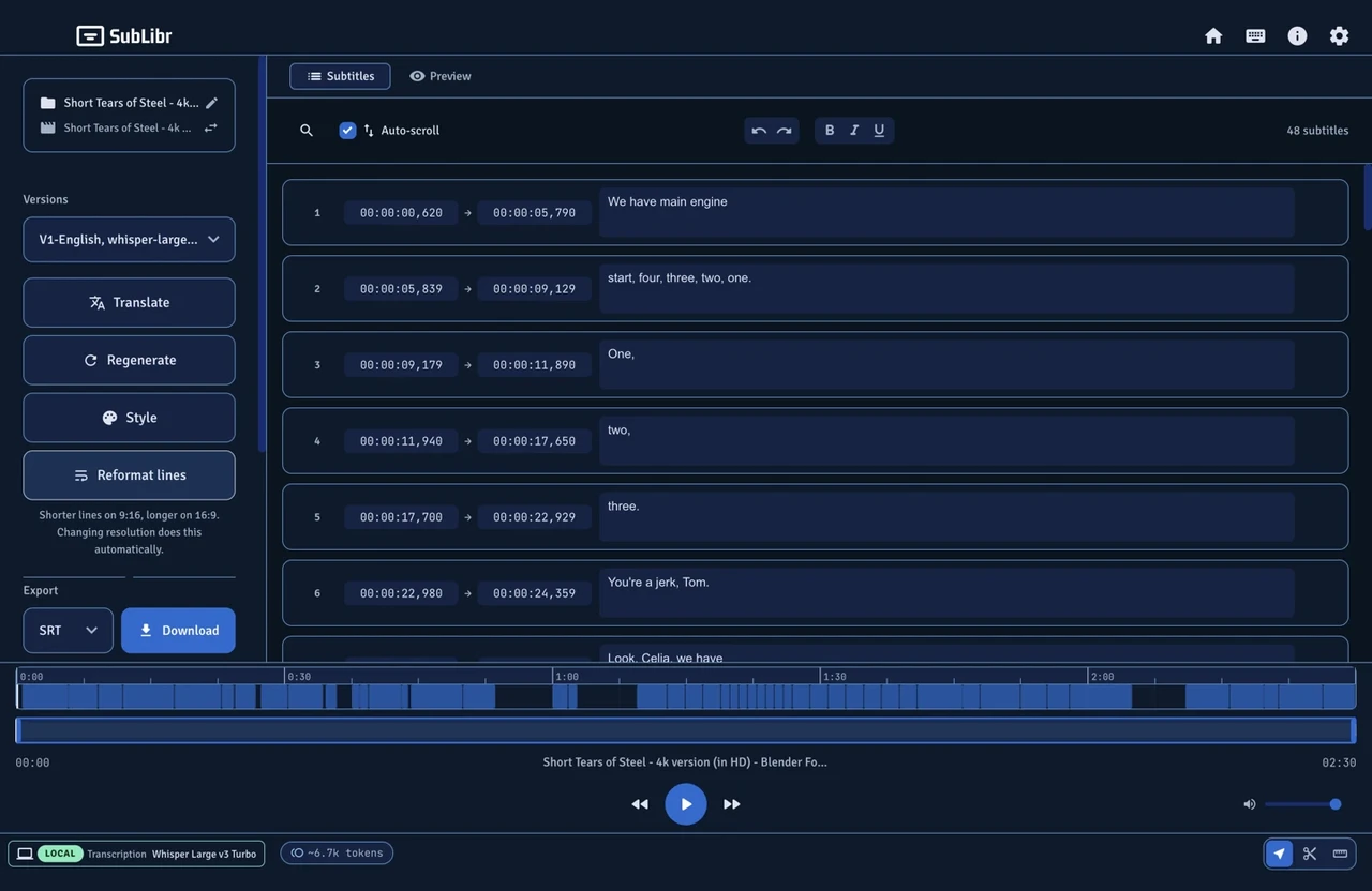 SubLibr subtitle editor with the timeline and cue list.