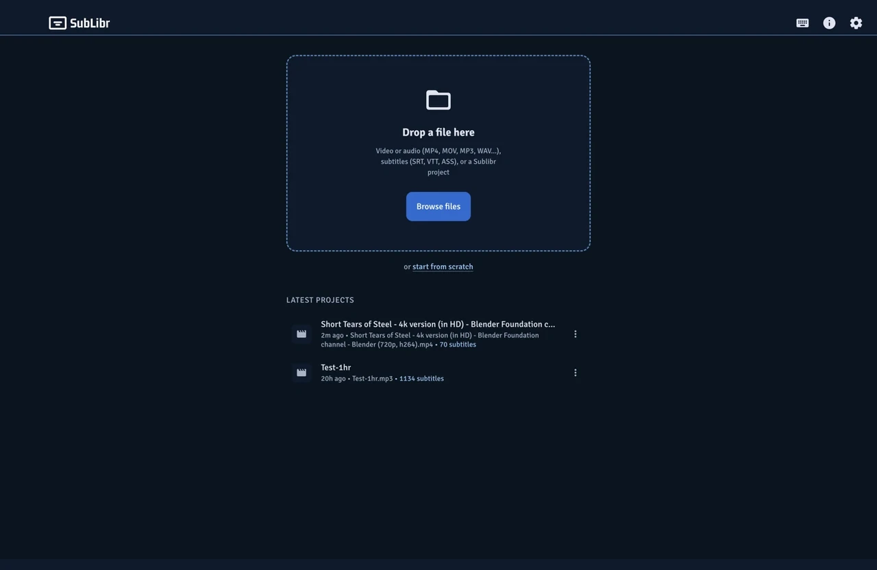 Home: drop a file, or pick up a project from the list.