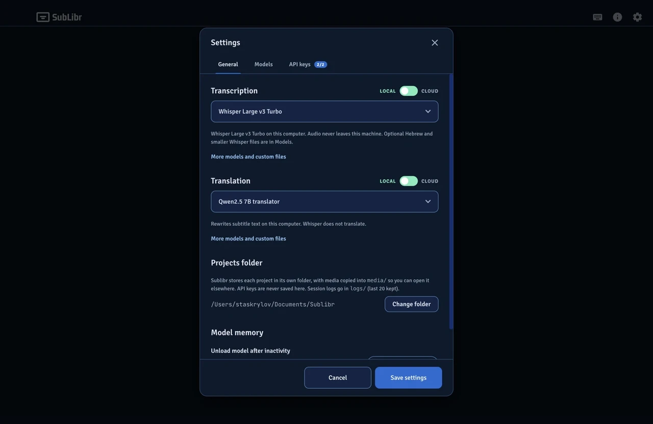 Settings General: Local Whisper for transcription, local Qwen for translation.