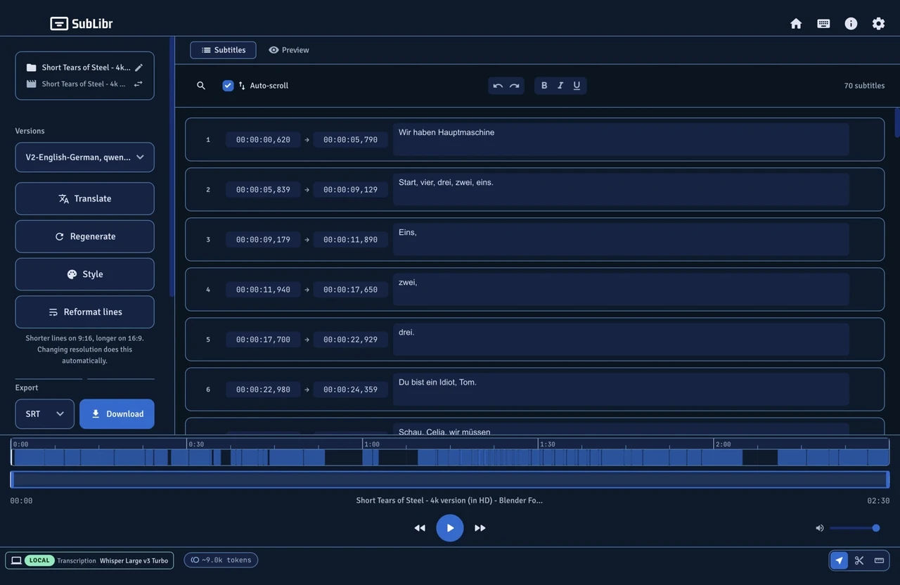 Same project after translation: German cues, version labeled qwen, same timestamps.