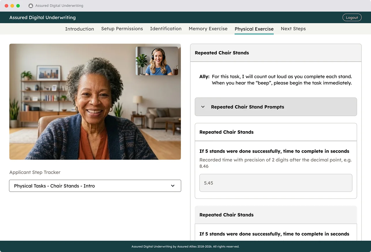 Ally workspace during Physical Exercise: applicant video with Ally picture-in-picture, step tracker set to Chair Stands, protocol script, and a timed score field.
