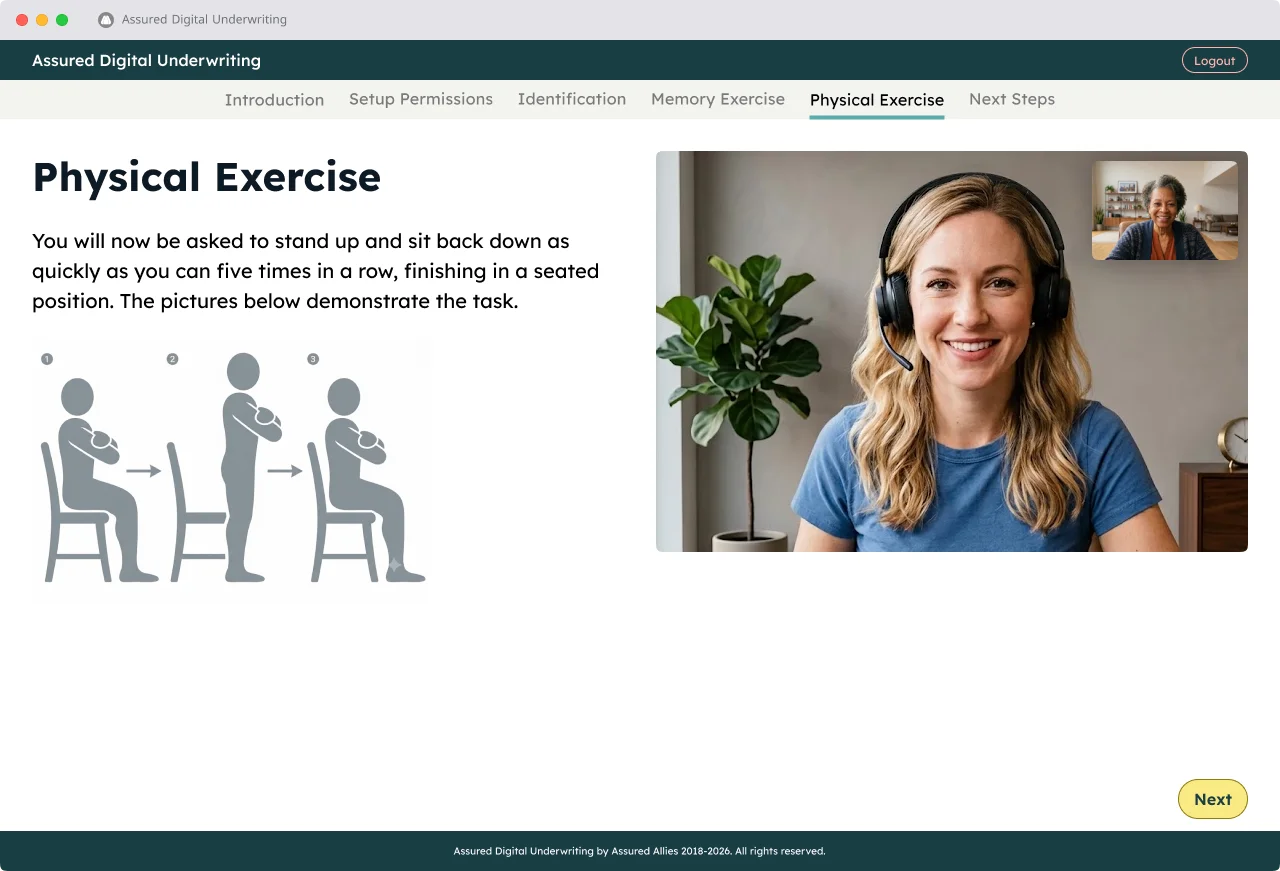 Task on screen: stand up and sit five times, with a three-step illustration. The Ally is on the call, observing.