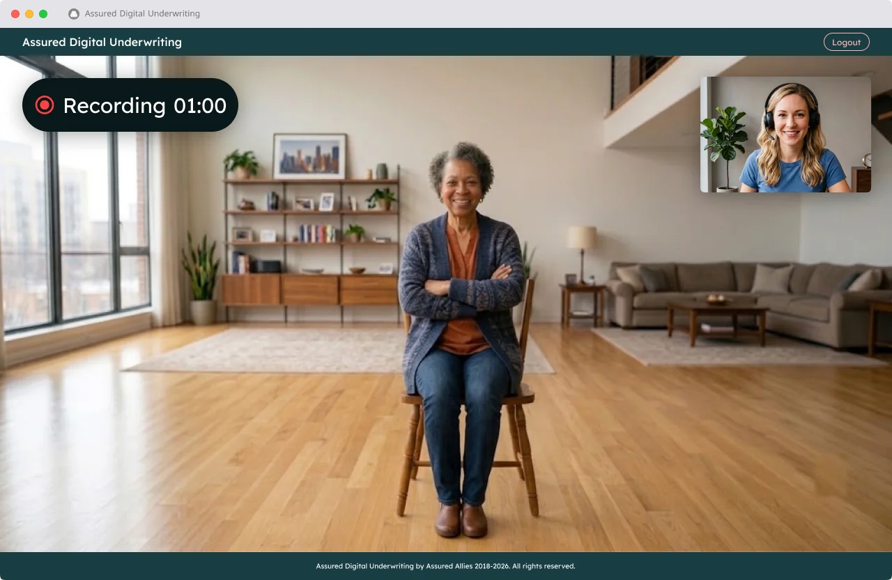 Underwriting live session — applicant on camera.