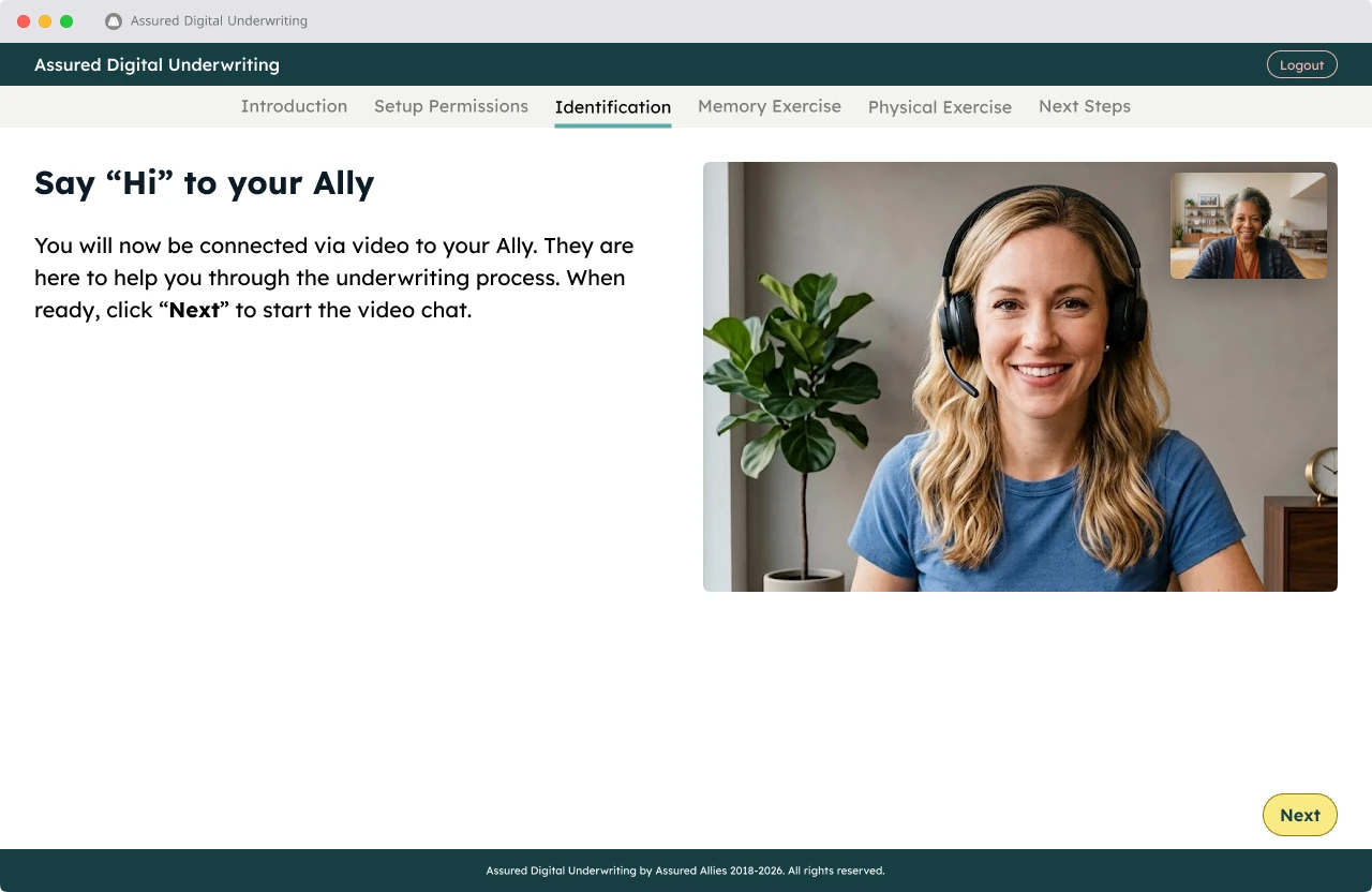 Identification: Say Hi to your Ally, with a Next button. The Ally is on the main video, the applicant in picture-in-picture.
