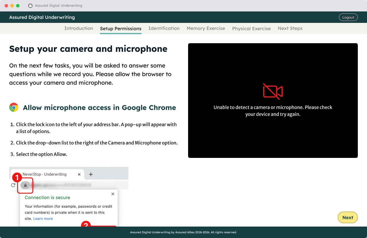 Setup Permissions: instructions to allow camera and microphone in Chrome, with a preview that cannot detect a camera yet.