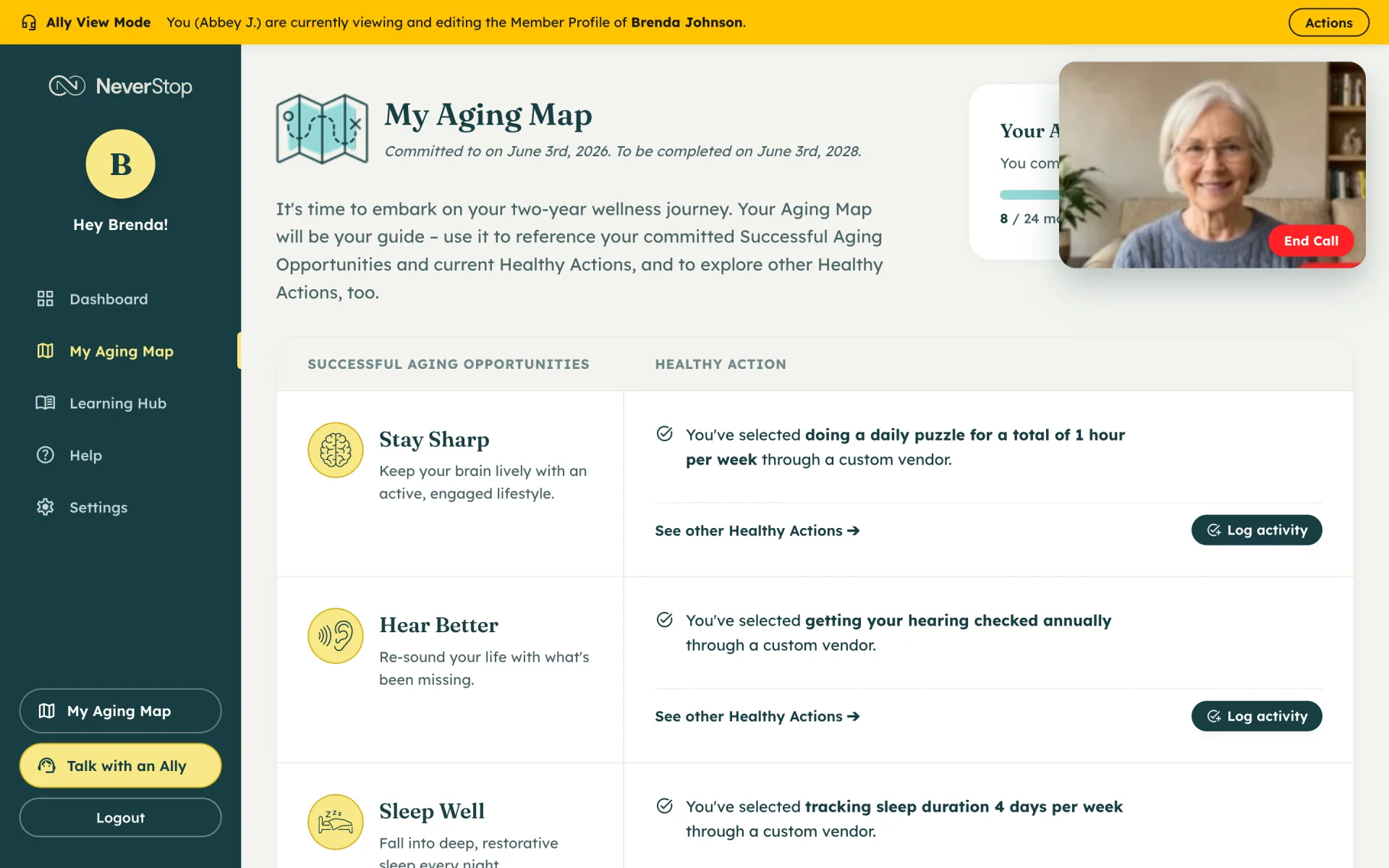 Ally View Mode on the Aging Map during the call: yellow bar, Brenda in picture-in-picture with End Call, and the three committed opportunities.
