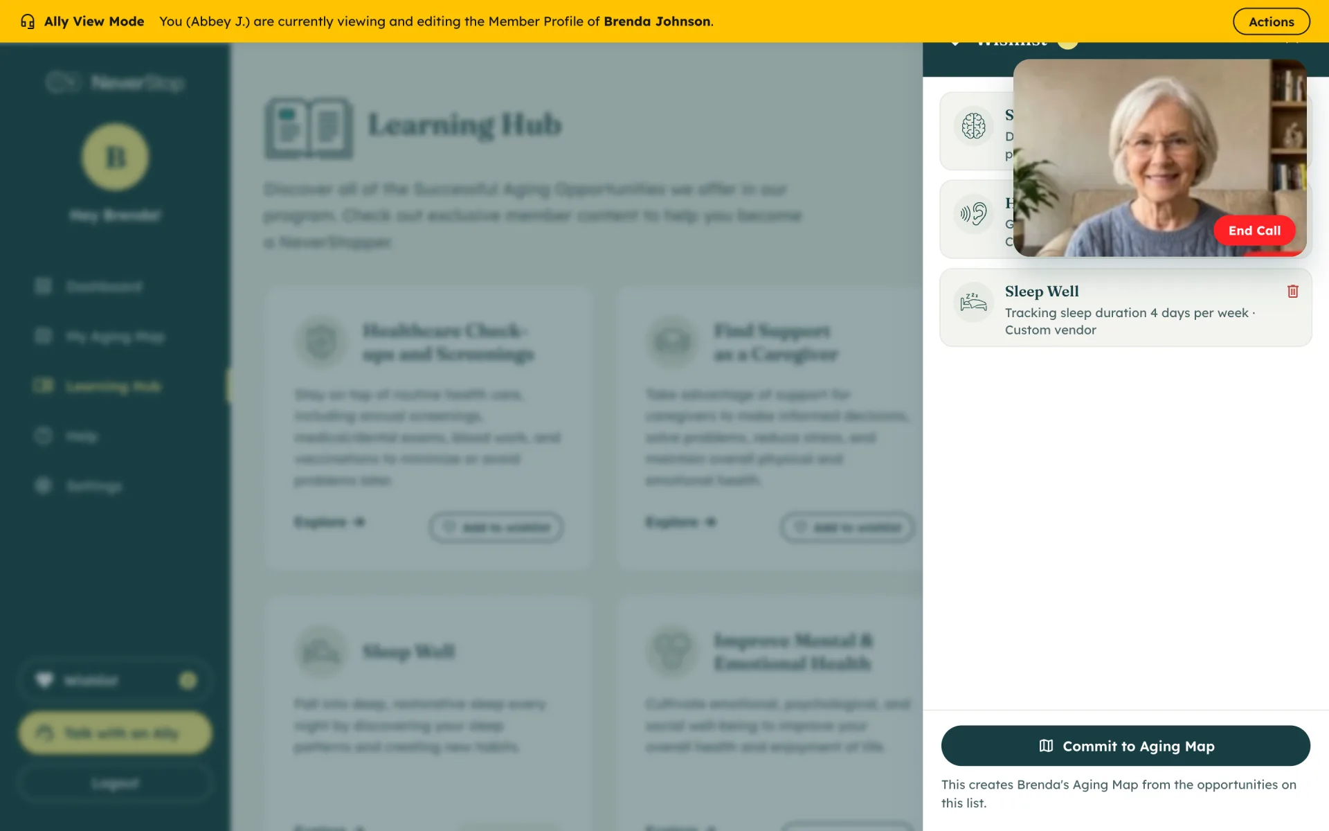 Ally View Mode during the call: Brenda in picture-in-picture, the wishlist drawer open, and Commit to Aging Map at the bottom.