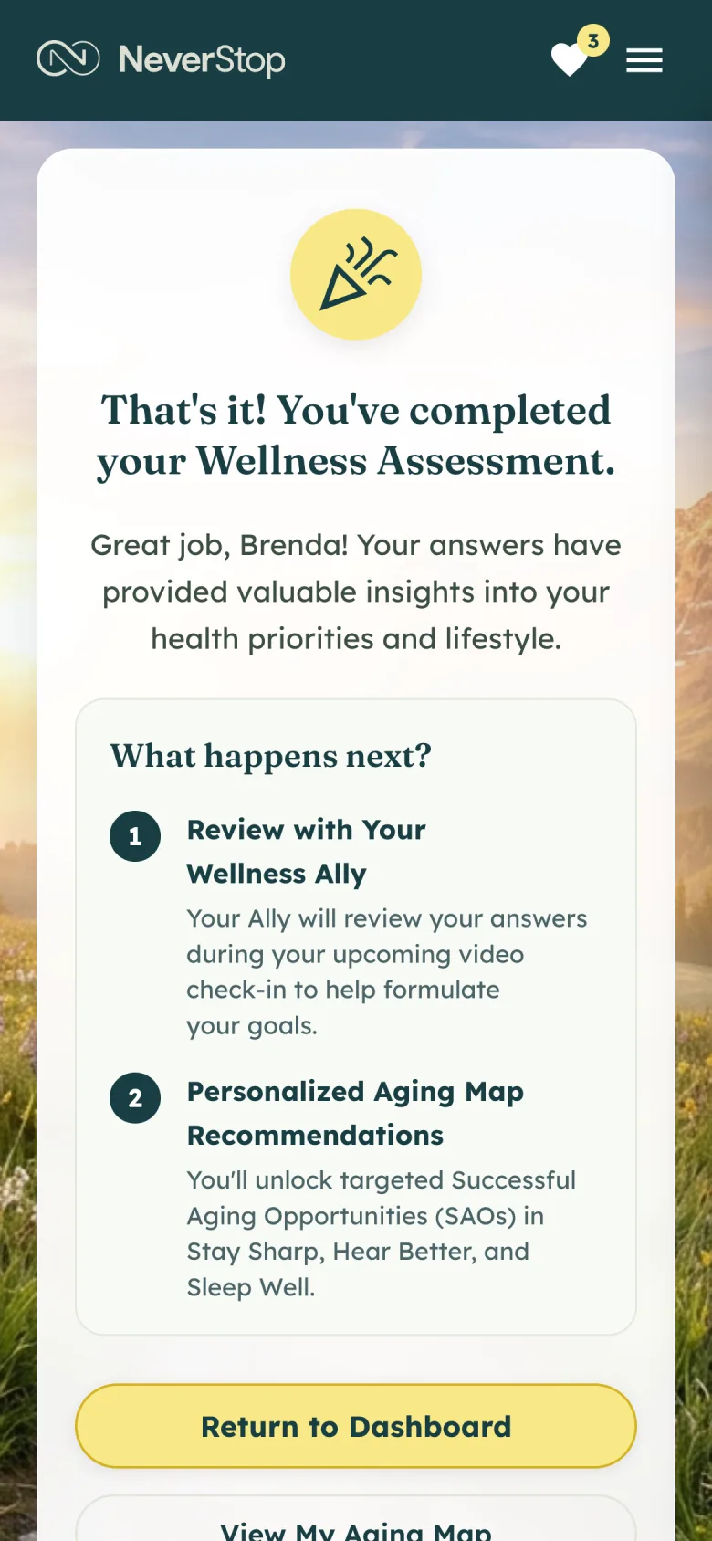 The end of the assessment: a note that the Ally will review the answers at the upcoming video check-in, and that Successful Aging Opportunities will unlock.