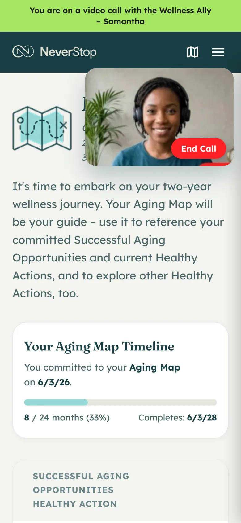 The member's Aging Map during the call: a green bar with Samantha in picture-in-picture, the committed date, and the two-year timeline.