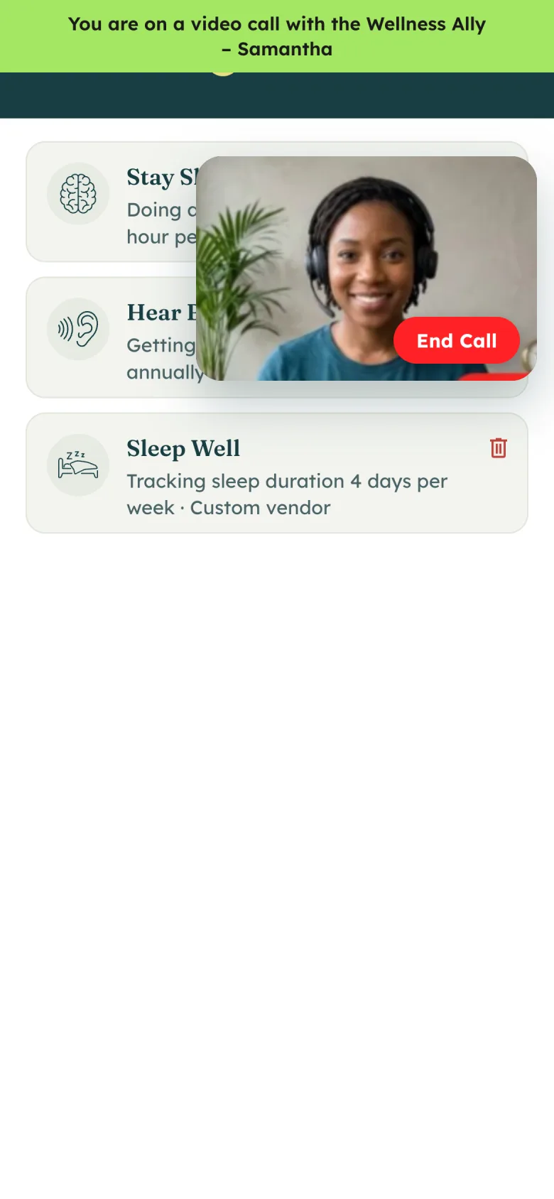 The member wishlist during the call: a green bar saying they are on with Samantha, her video in picture-in-picture, and the three opportunities on the list.