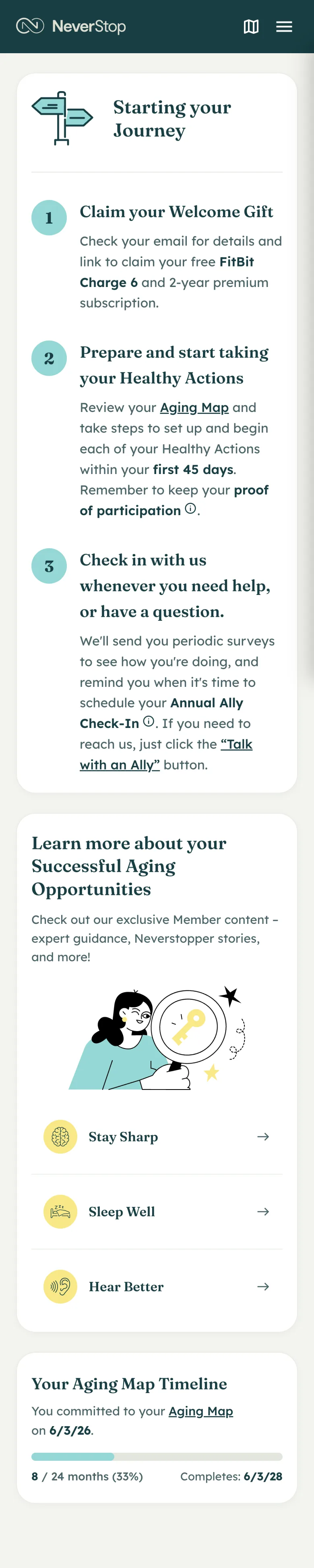 The dashboard after the Aging Map is committed: Starting your Journey, the three committed opportunities, and the two-year timeline at 8 of 24 months.