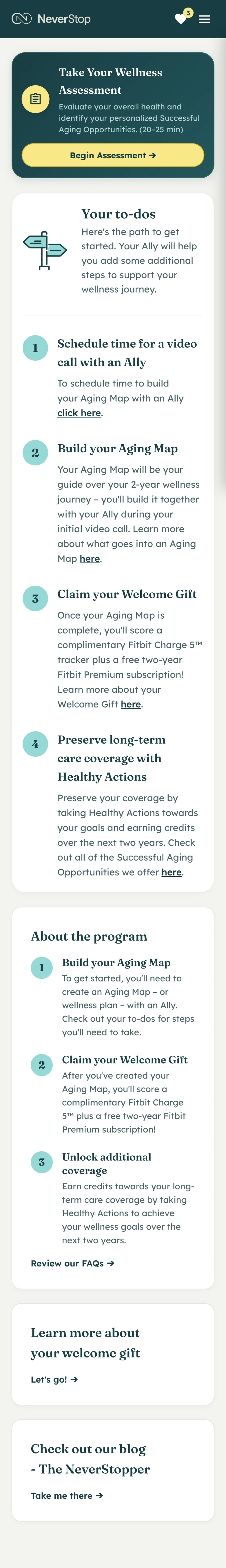 The member dashboard: a card to begin the assessment, then numbered to-dos, the first being to schedule a video call with an Ally. A heart in the header shows three items on the wishlist.