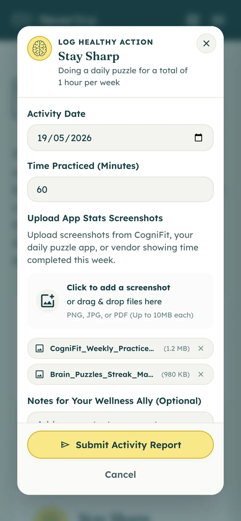 Logging a Healthy Action for Stay Sharp: activity date, minutes practiced, an upload area for app screenshots with two files attached, and an optional note for the Wellness Ally.