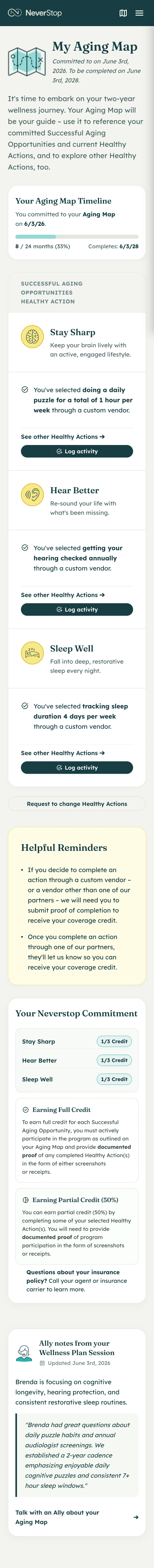 The committed Aging Map: Stay Sharp, Hear Better, and Sleep Well, each with a Healthy Action and Log activity, a two-year timeline, credits, and Ally notes from the session.