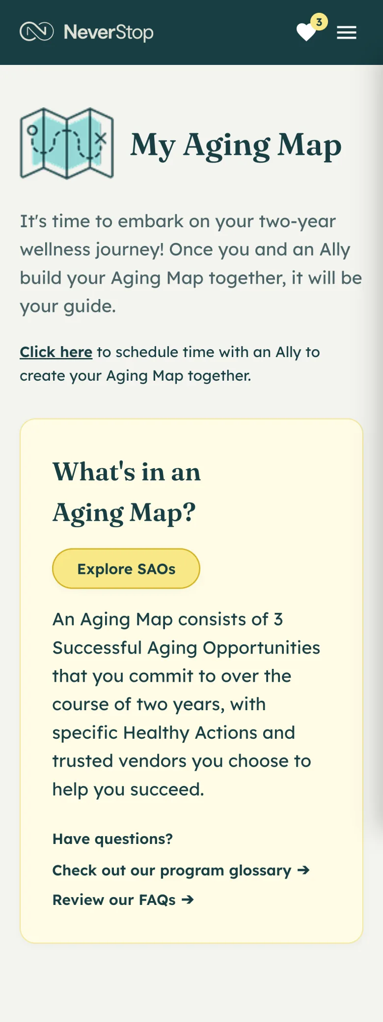 My Aging Map before it is built: an explanation that the member and an Ally create it together, with a link to schedule the call. The wishlist heart in the header shows three items.