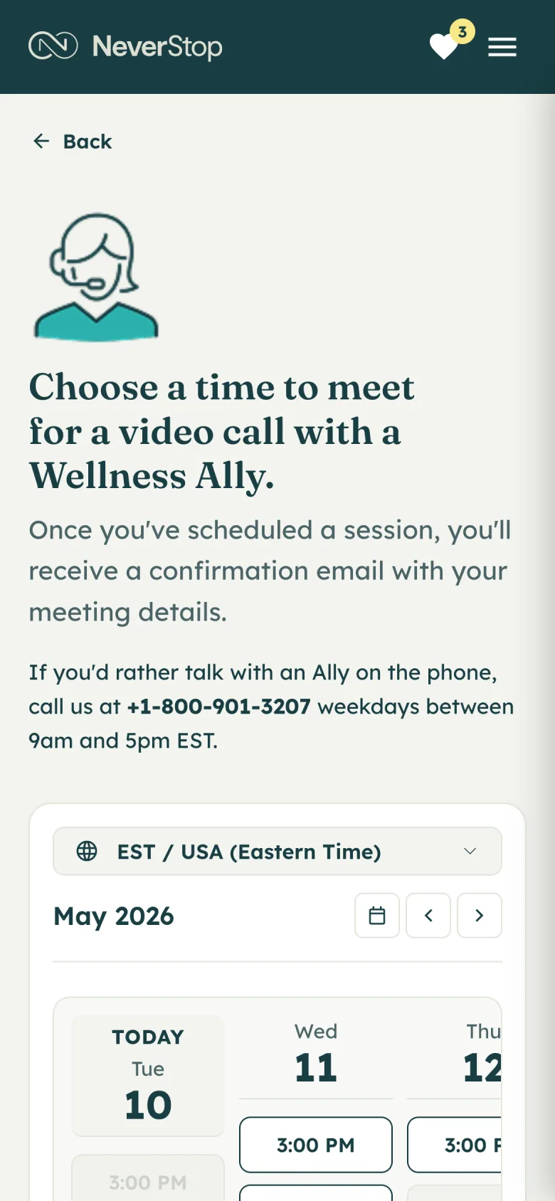 Choosing a time to meet with a Wellness Ally, with the available slots laid out a week at a time.